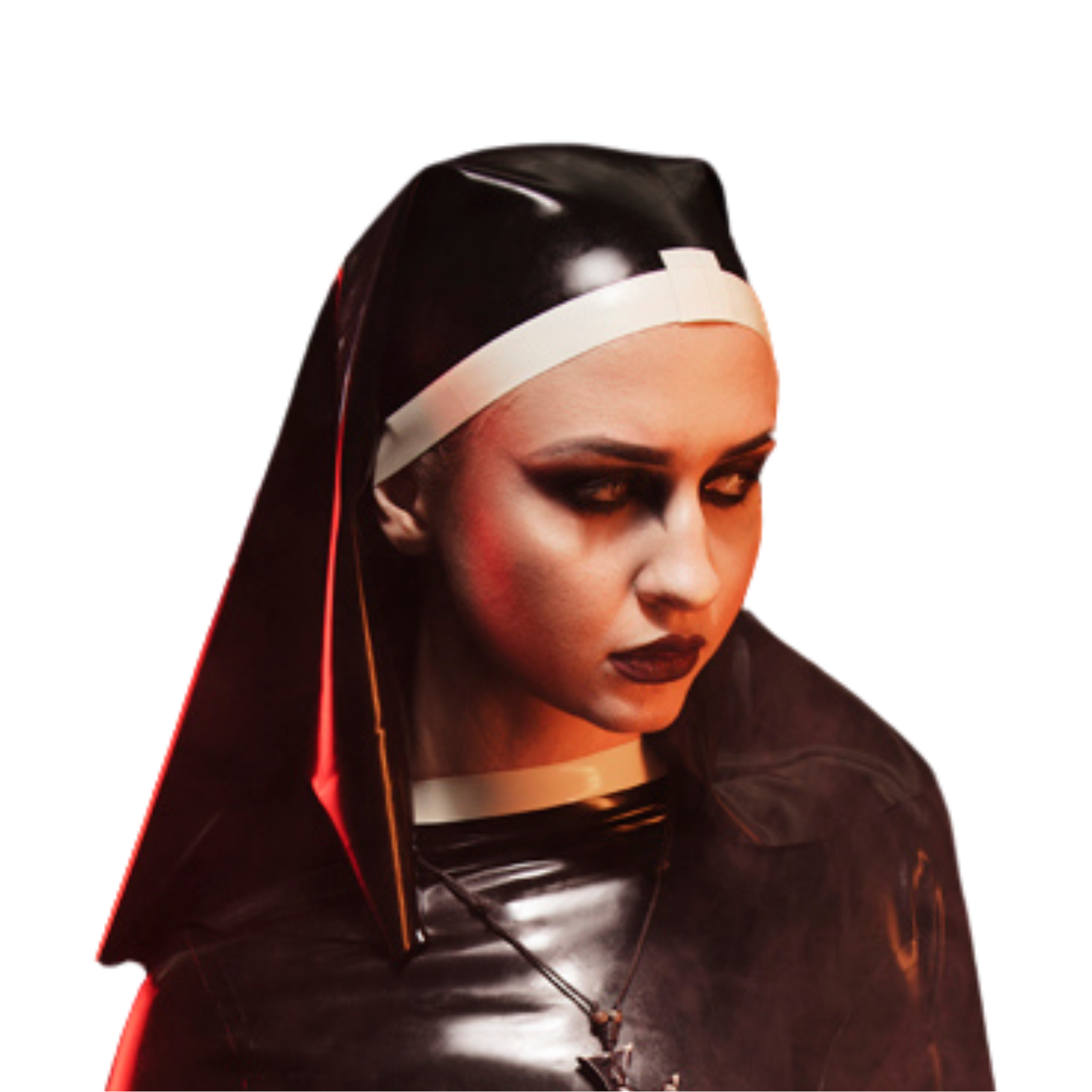 A black latex nun veil with white trim edging.