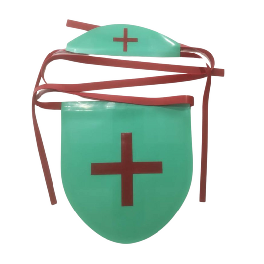 A jade green apron and cap set with red cross and trim fastening.