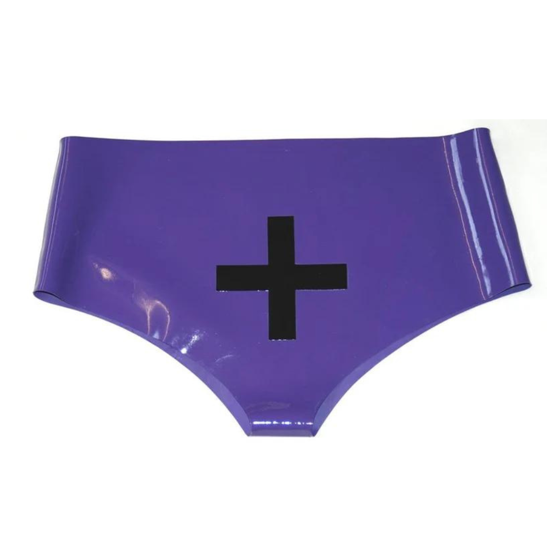 A pair of purple latex high waist knickers with black cross applique on the front.