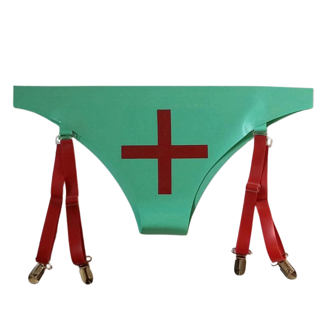 A pair of low rise latex nurse suspender knickers in jade green with red cross applique.