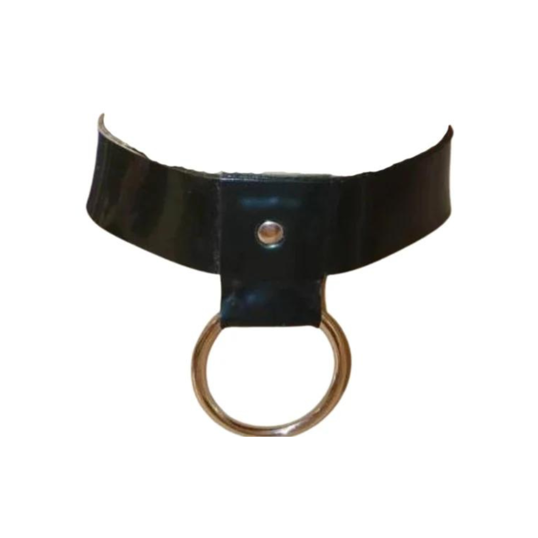 A black heavy rubber choker with O ring detail on the front. The back is fastened with a silver coloured buckle.