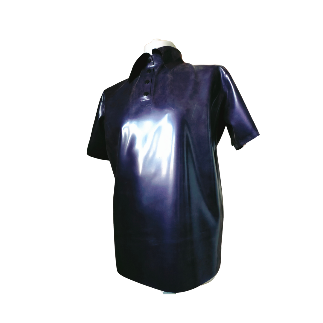 A damson purple latex polo shirt with black popper fastening.