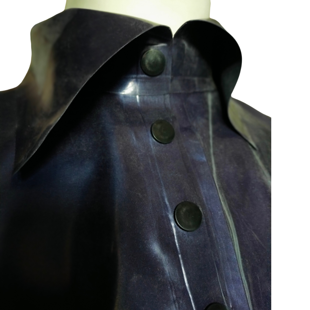 A black latex polo shirt with black popper fastening.