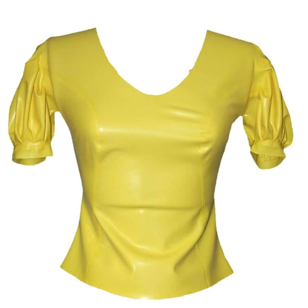 A yellow puff sleeve latex top with scoop neck line.