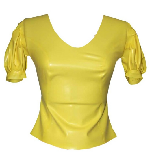 A yellow puff sleeve latex top with scoop neck line.