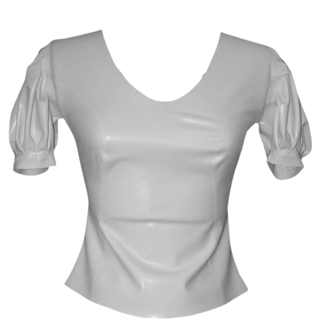 A white puff sleeve latex top with scoop neck line.