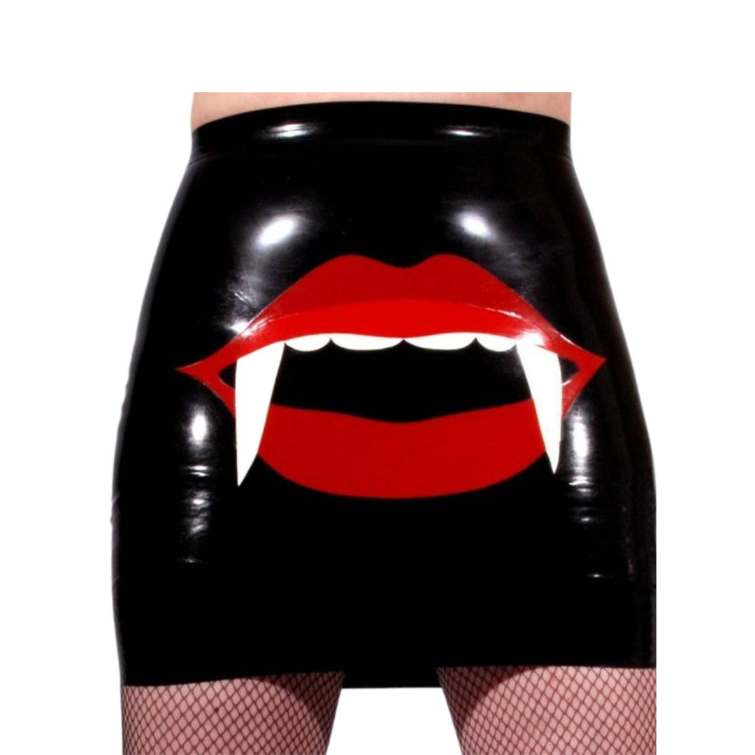 A black latex skirt with vampire lips applique