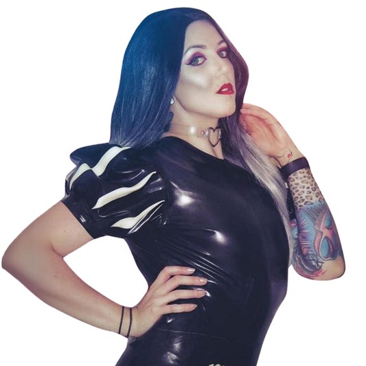 A black round neck puff sleeve latex top.