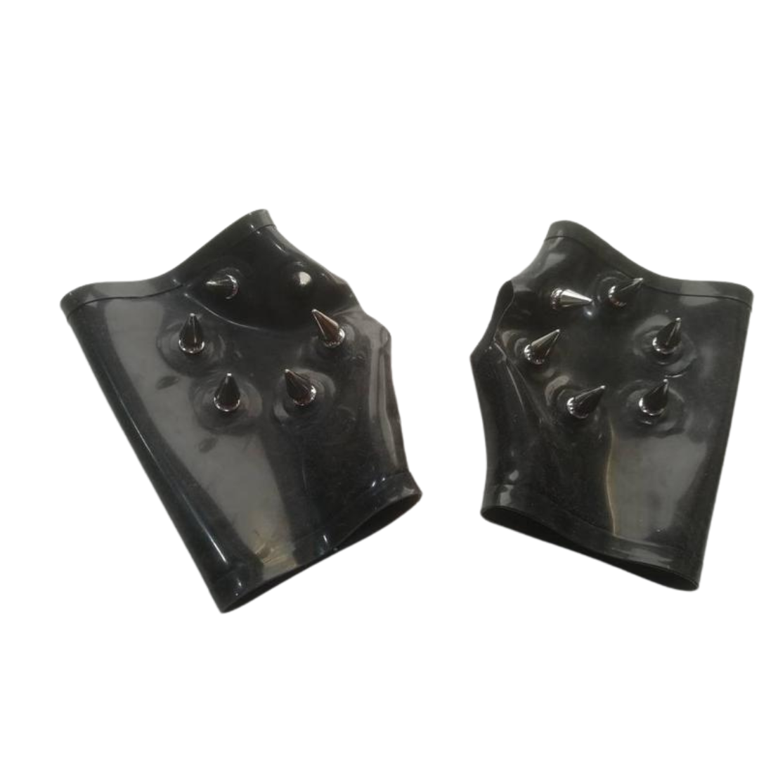 A pair of short black latex studded gloves with black trim.
