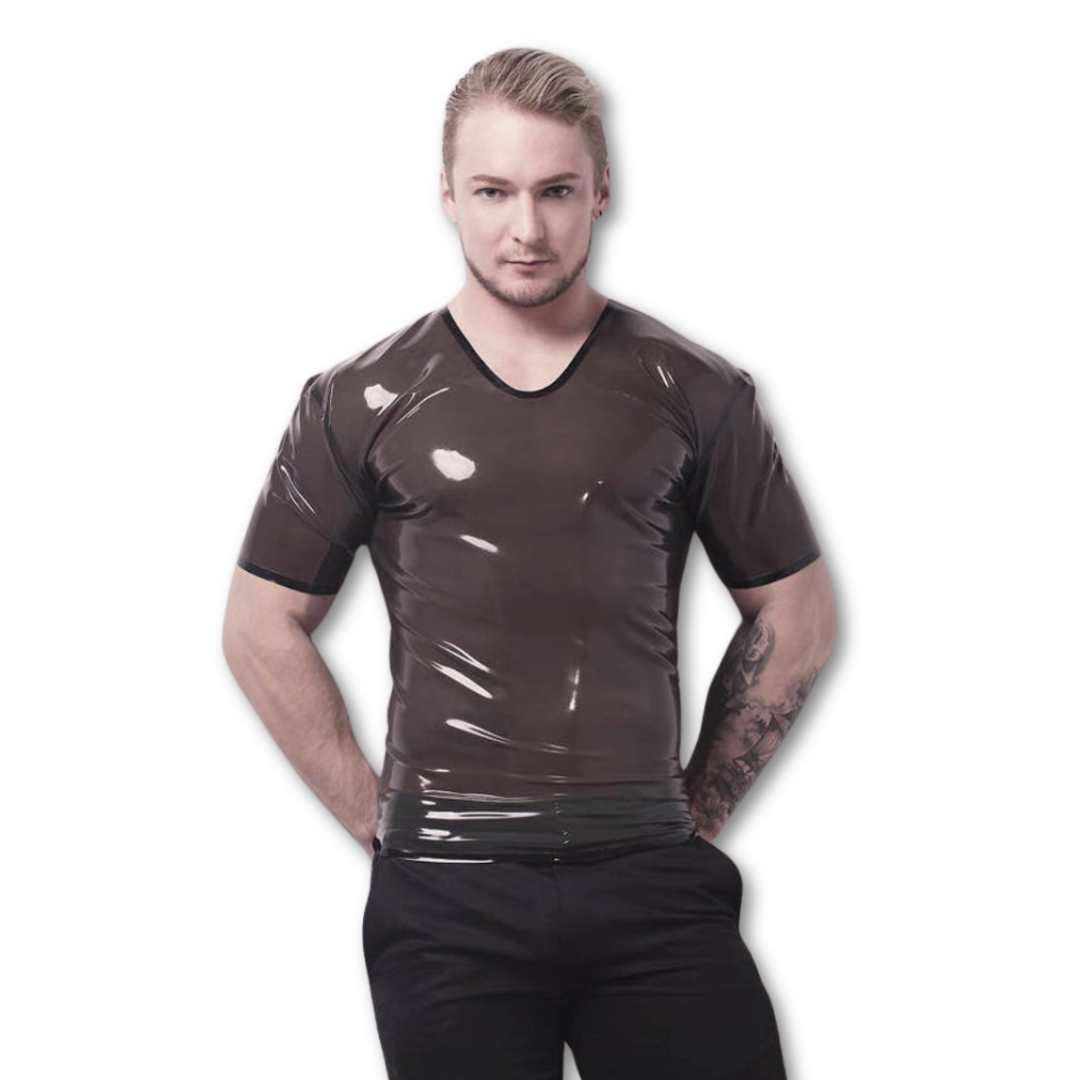 A Smokey black latex t shirt with a V neck neckline. The sleeveless and neck are trimmed in black latex.