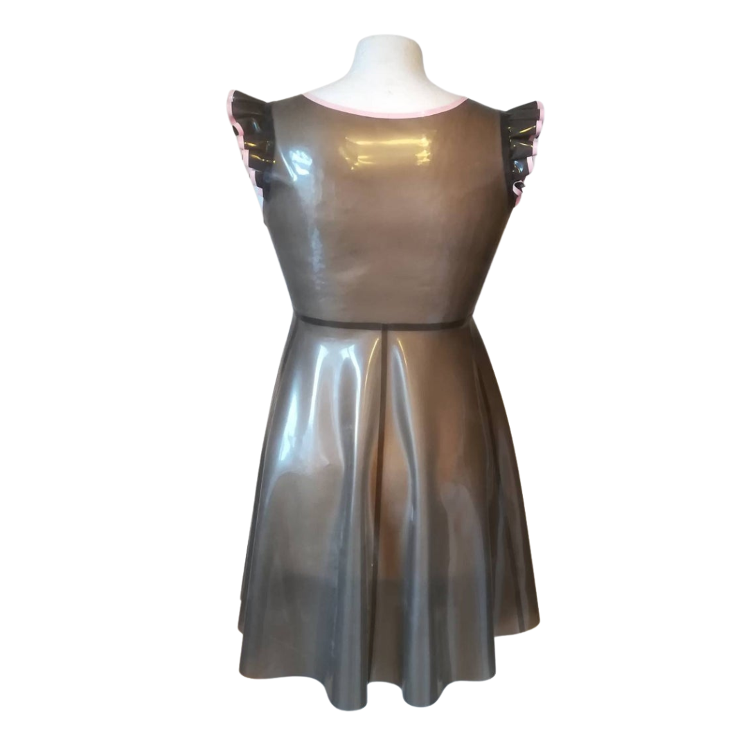 A translucent Smokey black latex nightie with frilled cap sleeves and baby pink trim.