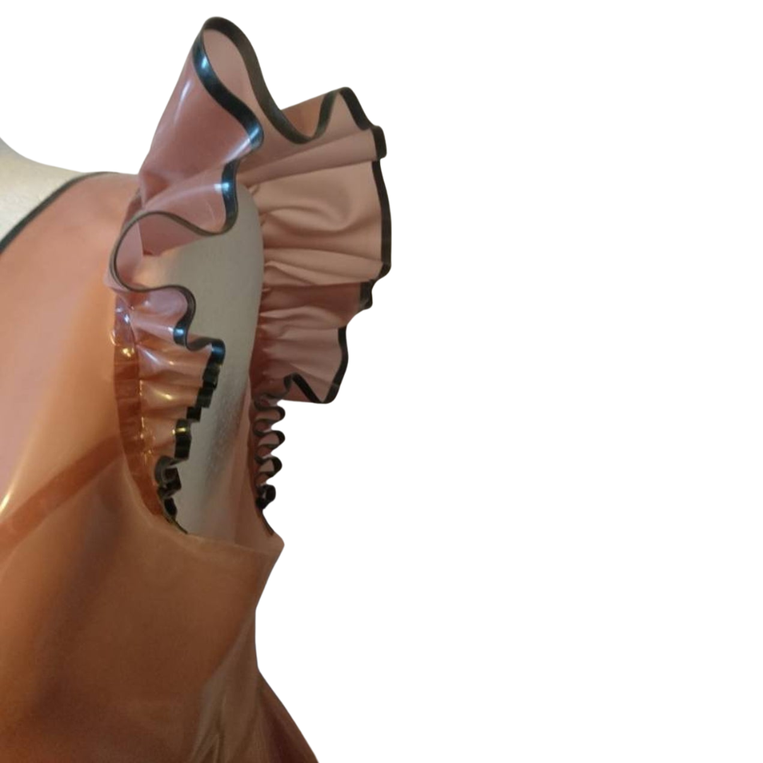 Translucent pink latex nightie cap sleeve.