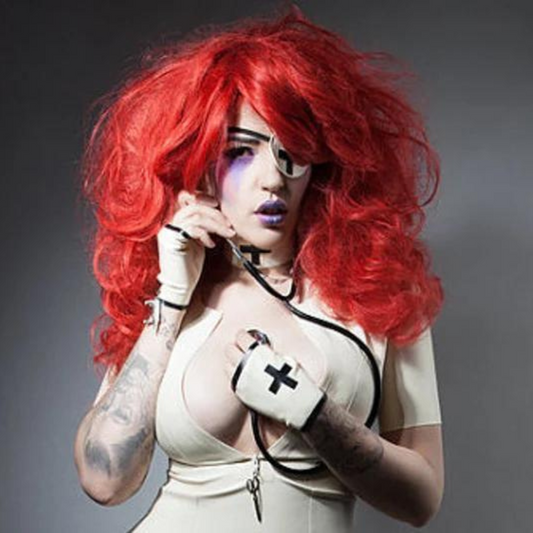 A pair of white latex fingerless latex nurse gloves with black trim and black cross appliques.