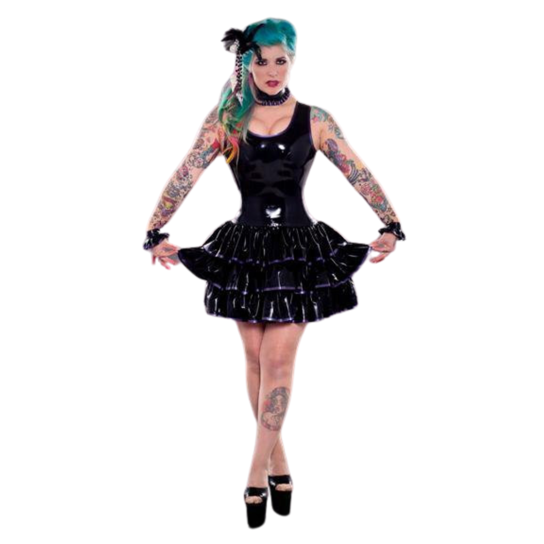 A black sleeveless tiered latex dress with three layers of skirts. The neckline and skirts have violet trim detail.