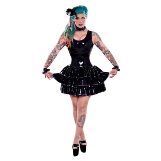 A black sleeveless tiered latex dress with three layers of skirts. The neckline and skirts have violet trim detail.