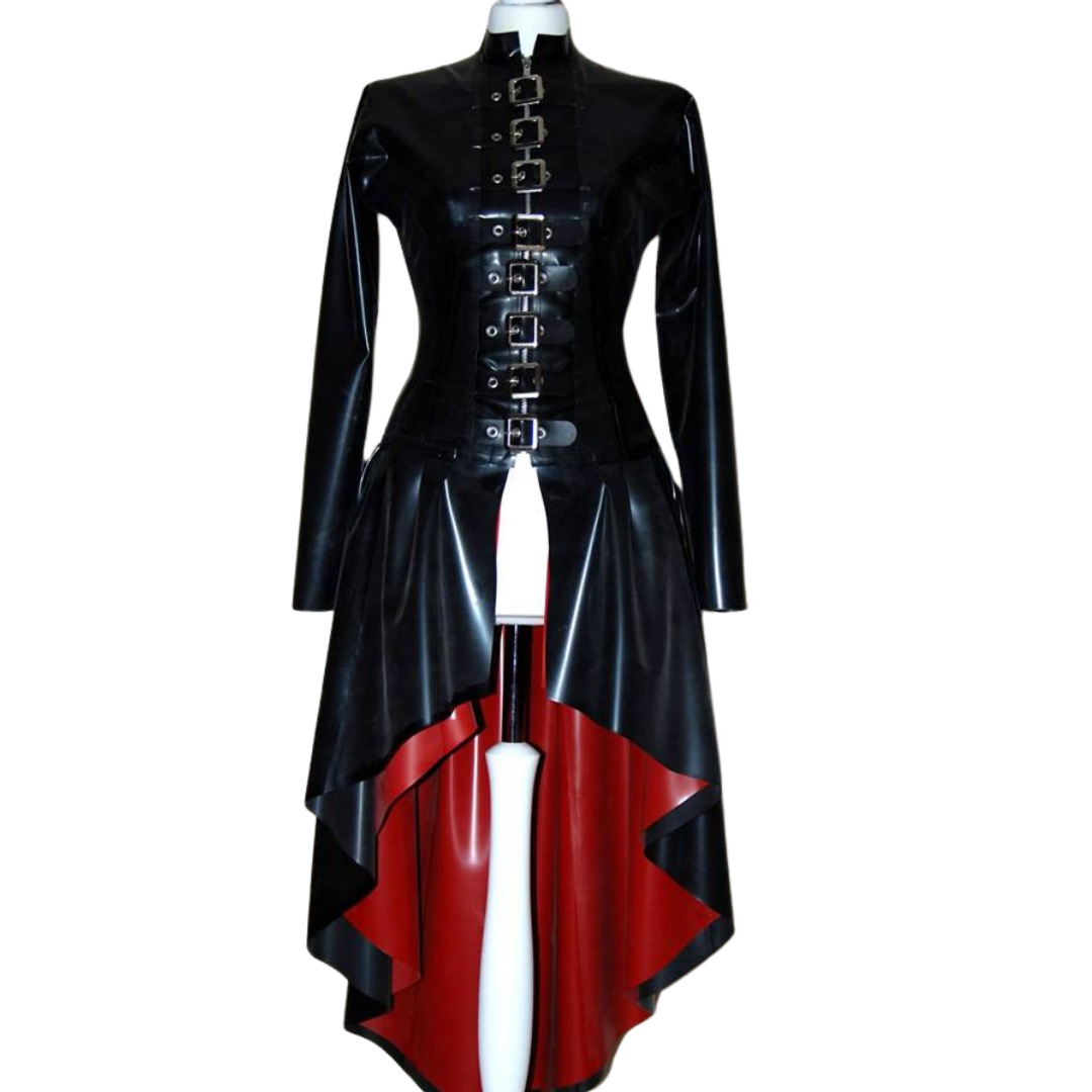A black latex buckle coat with red latex inner lining. The coat has a waterfall effect from the hips.