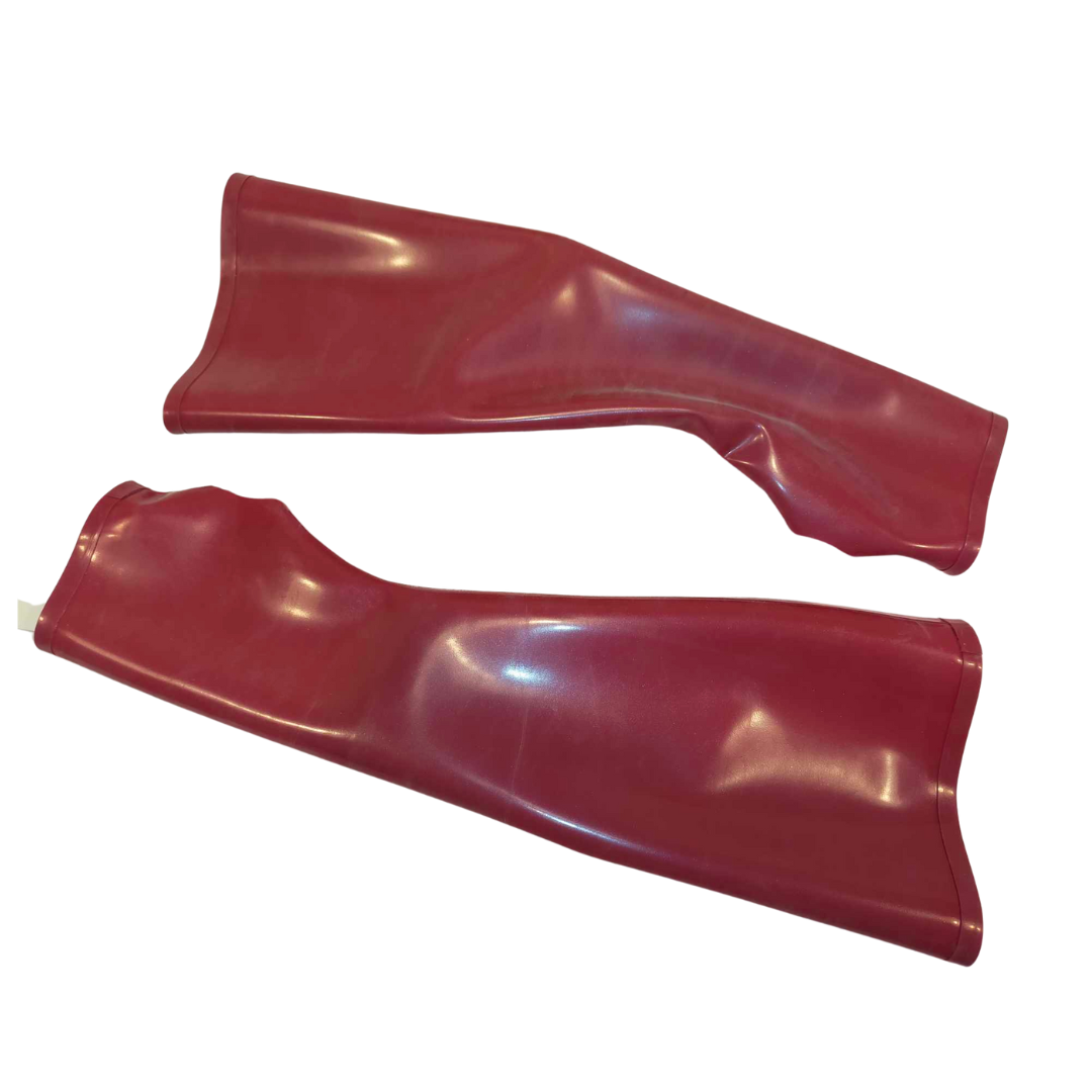 A pair of metallic red elbow length fingerless gloves.