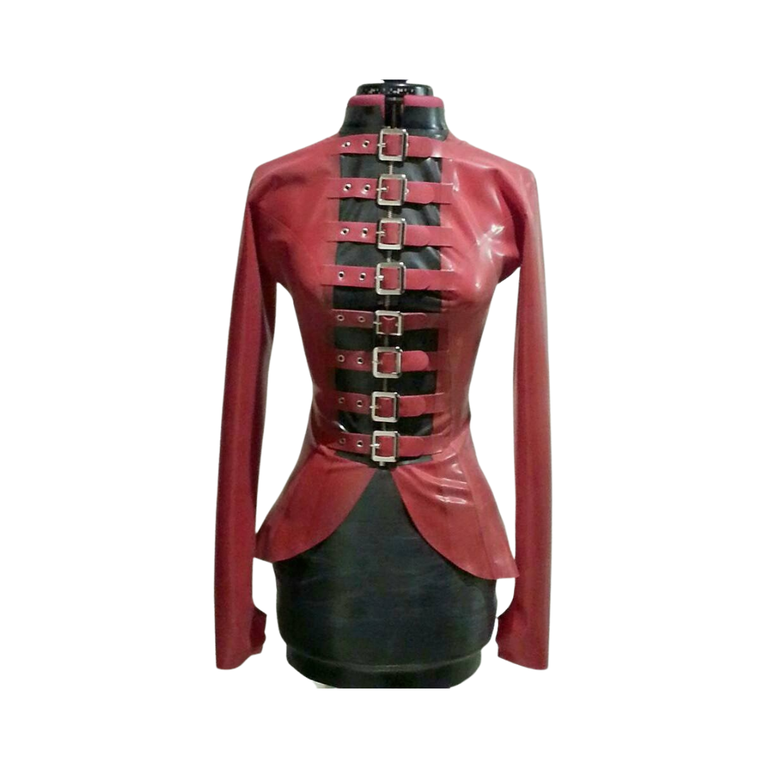 A metallic red latex thumb hook jacket with red strap fastening and zip closure. The front features a black collar and centre panel.