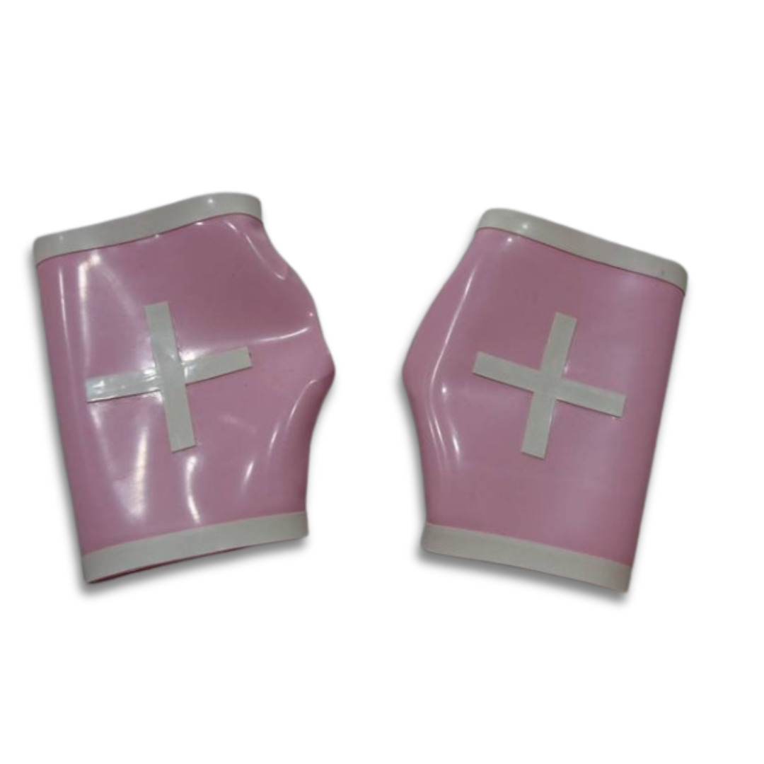 A pair of baby pink latex fingerless latex nurse gloves with white trim and white cross appliques.