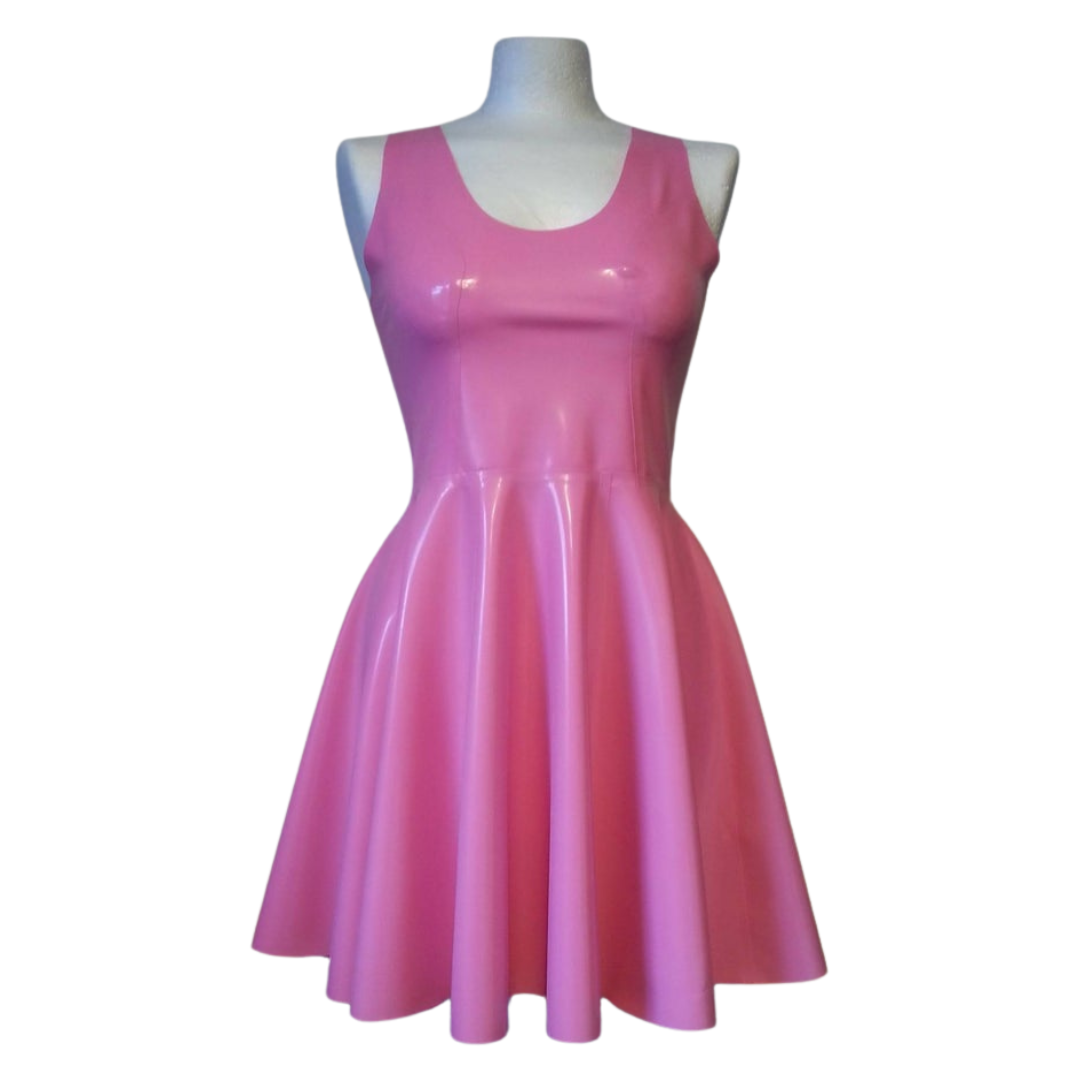 A bubble gum pink sleeveless latex swing dress.