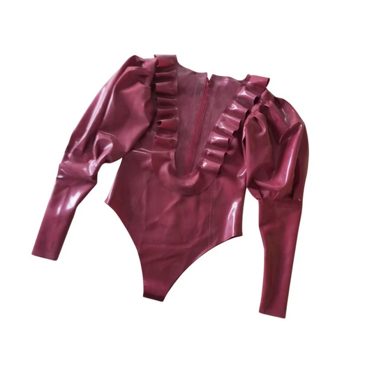 A metallic red latex bodysuit with a back zip opening. It has long puff sleeves and a frilled V neckline.