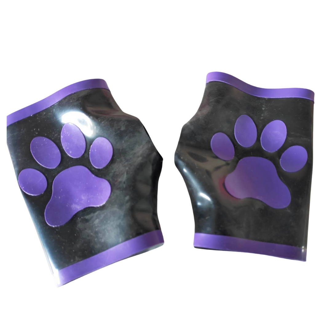 A pair of black latex fingerless gloves with violet trim detail. They have violet paw print appliques.