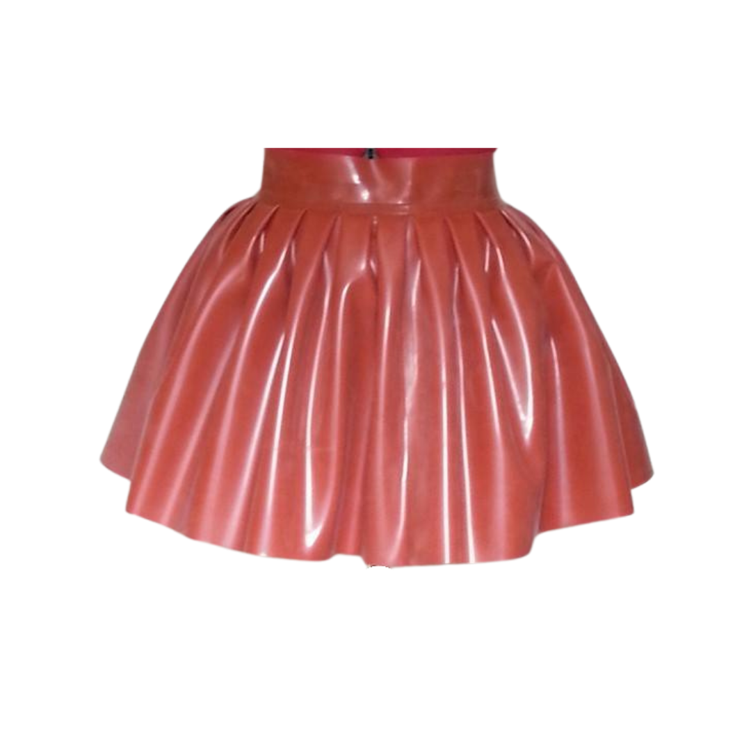 A burnt orange short pleated latex skirt