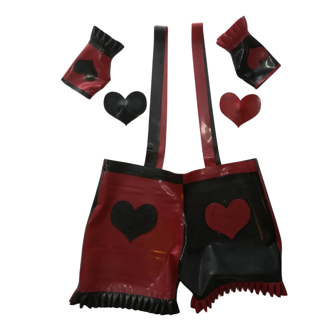 A metallic red and metallic black two tone latex brace frilled shorts set. Complete with gloves and pasties.