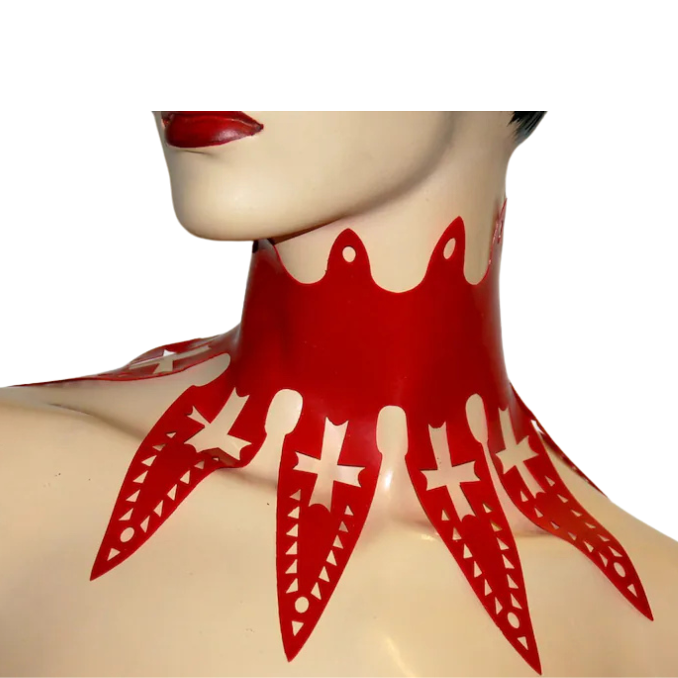 A red latex gothic style choker with cut out cross detail and lace back fastening.