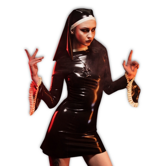 A short latex nun dress with bell sleeves that features white frill trim.