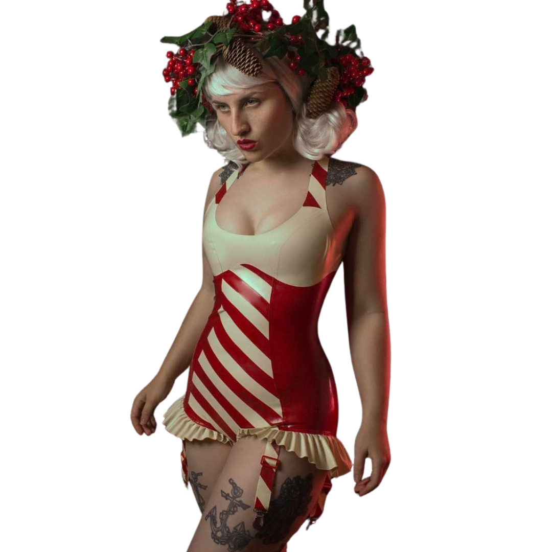 A fifties style red striped latex suspender bodysuit with white frilled detail. The front features red and white stripes.