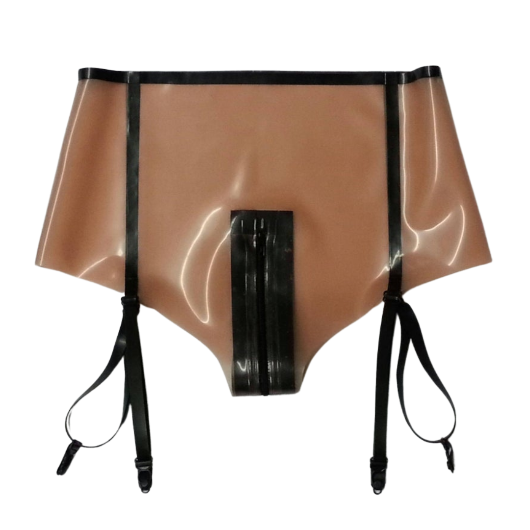 A pair of translucent pink latex zip front suspender knickers.