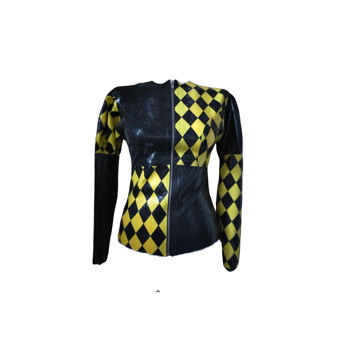 A two tone diamonds jacket in yellow and black. There are panels of solid black opposite black and yellow diamonds.