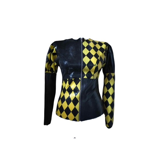 A two tone diamonds jacket in yellow and black. There are panels of solid black opposite black and yellow diamonds.