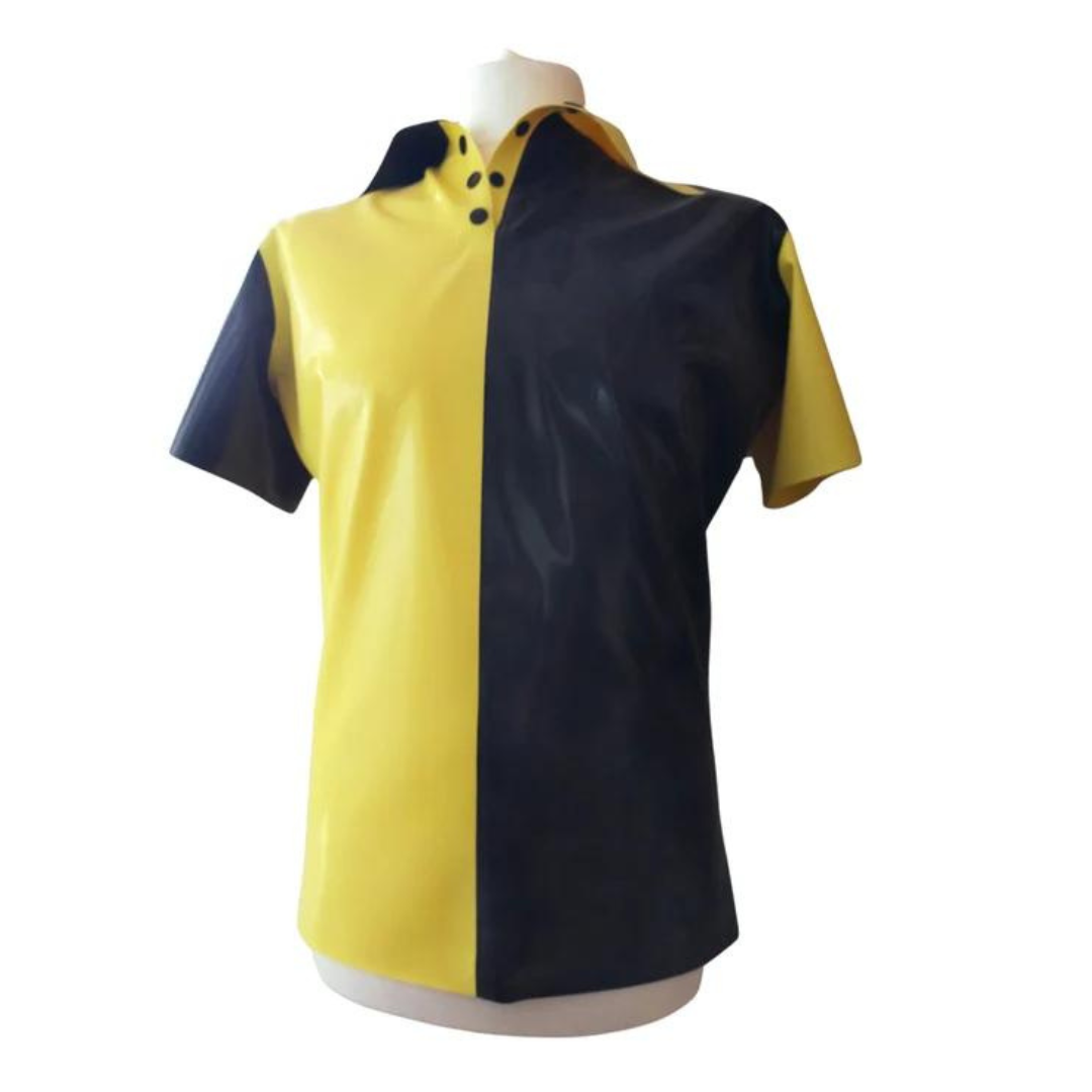 A yellow and black two tone latex polo shirt with black popper fastening on the collar.