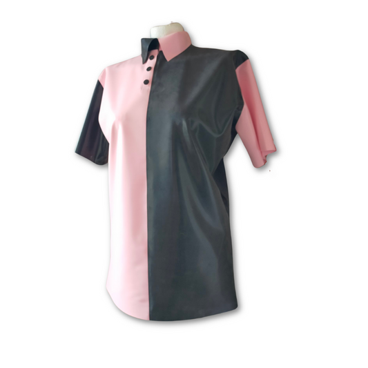 A baby pink and black two tone latex polo shirt with black popper fastening on the collar.