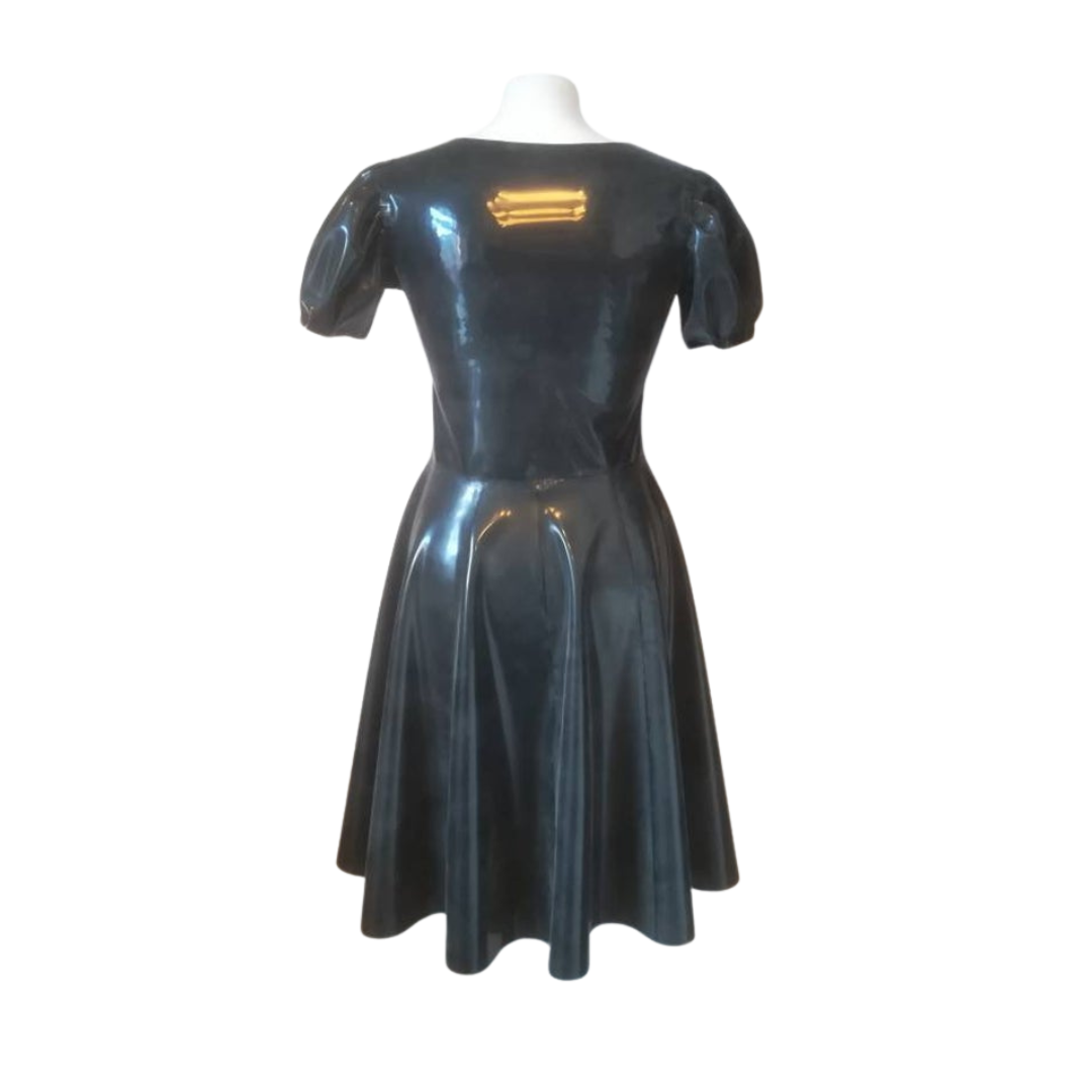 The back of a latex puff sleeve dress
