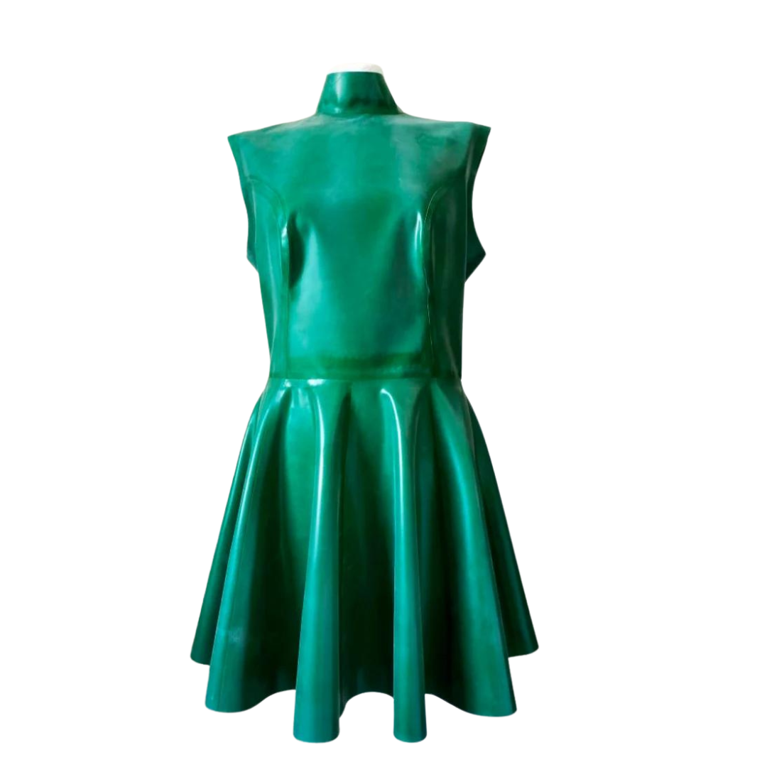 A metallic green high neck latex sleeveless dress with a flared skirt and back zip.