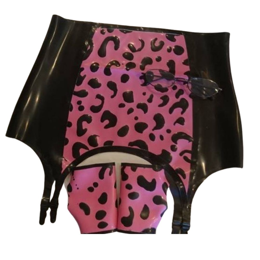 A wide black latex suspender belt with a pink leopard print latex centre panel.