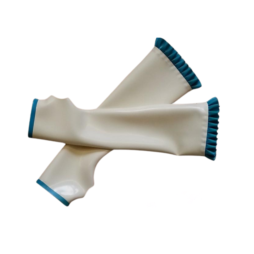 White latex elbow length fingerless gloves with aqua trim and frilly edge.