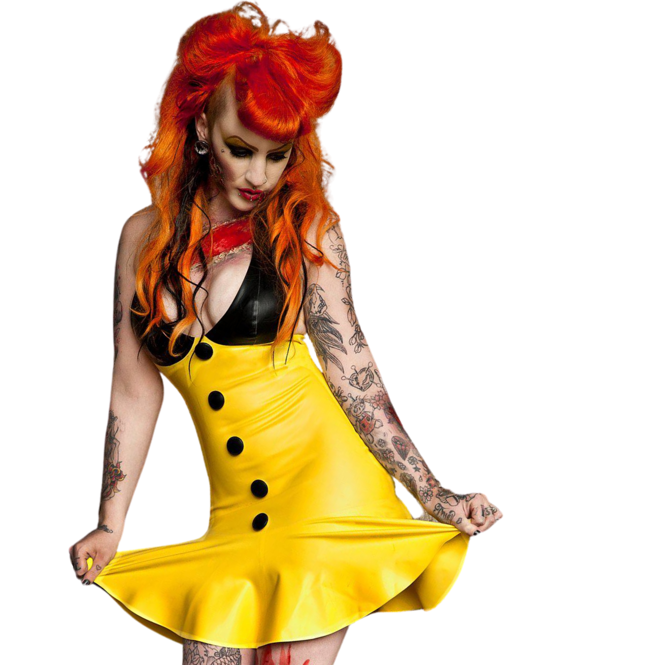 A yellow halter neck latex dress with a flounced hem line. The black latex cups match the rubber covered decorative buttons down the front.