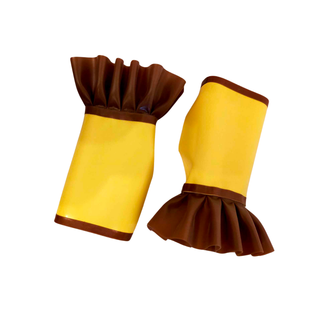 A pair of yellow latex fingerless gloves with old gold frill trim detailing.