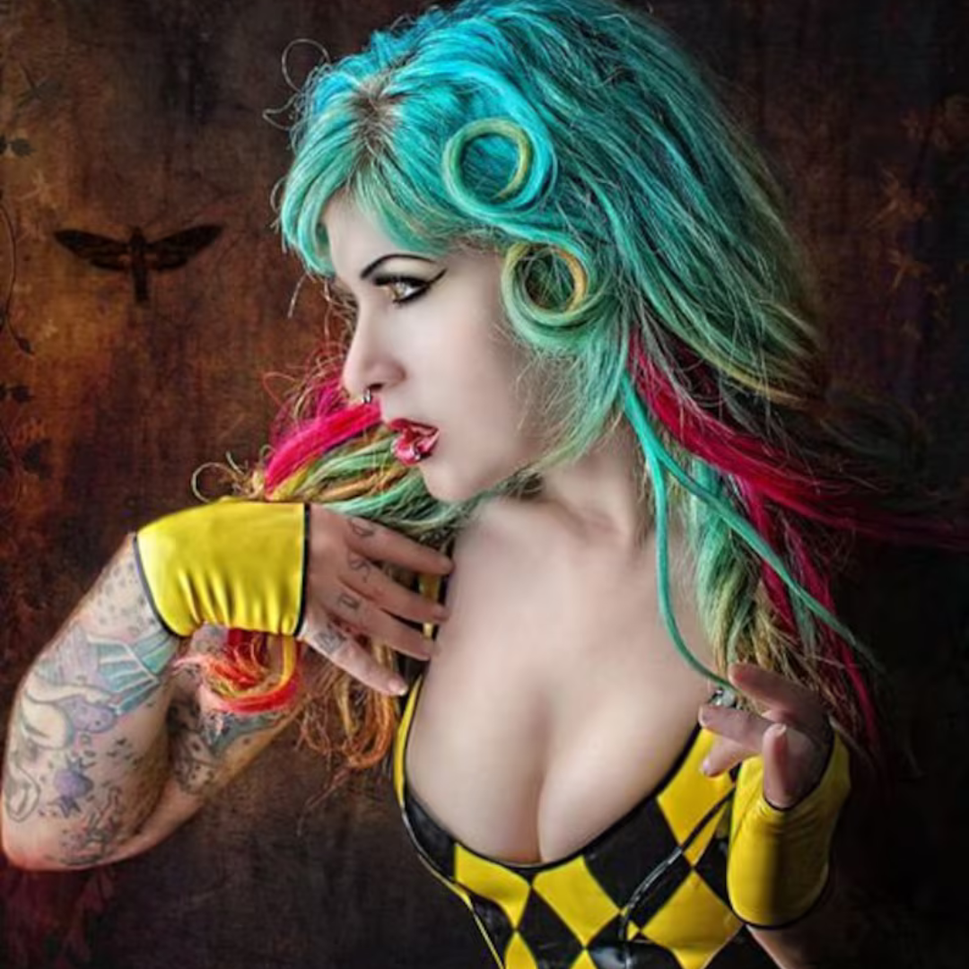 A pair of yellow latex fingerless gloves with black trim detailing.