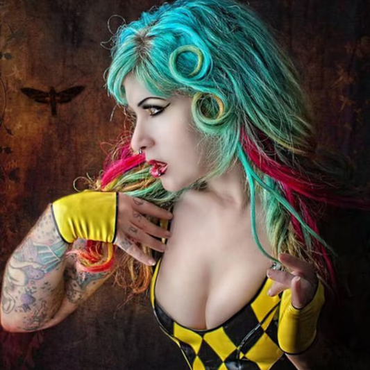 A pair of yellow latex fingerless gloves with black trim detailing.