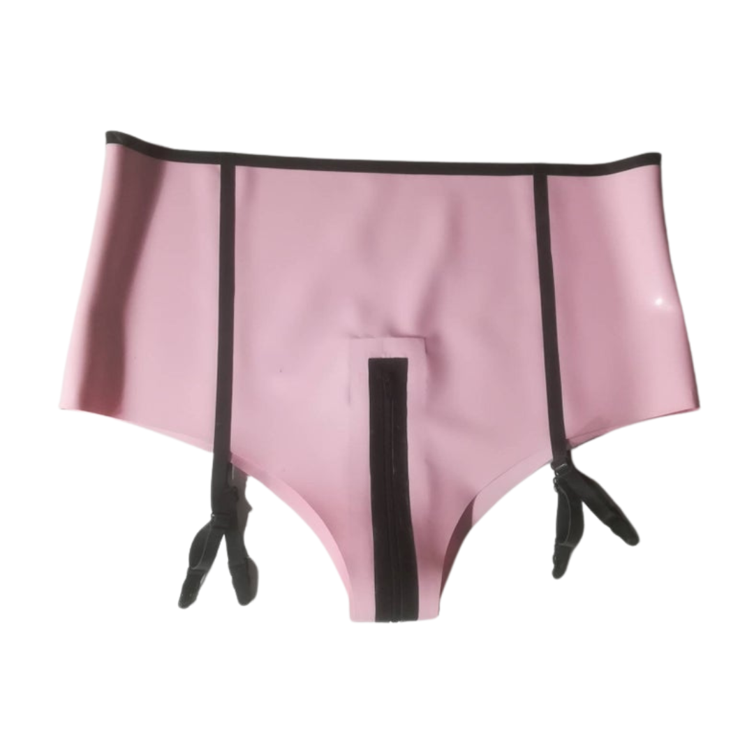 A pair of baby pink latex zip front suspender knickers.