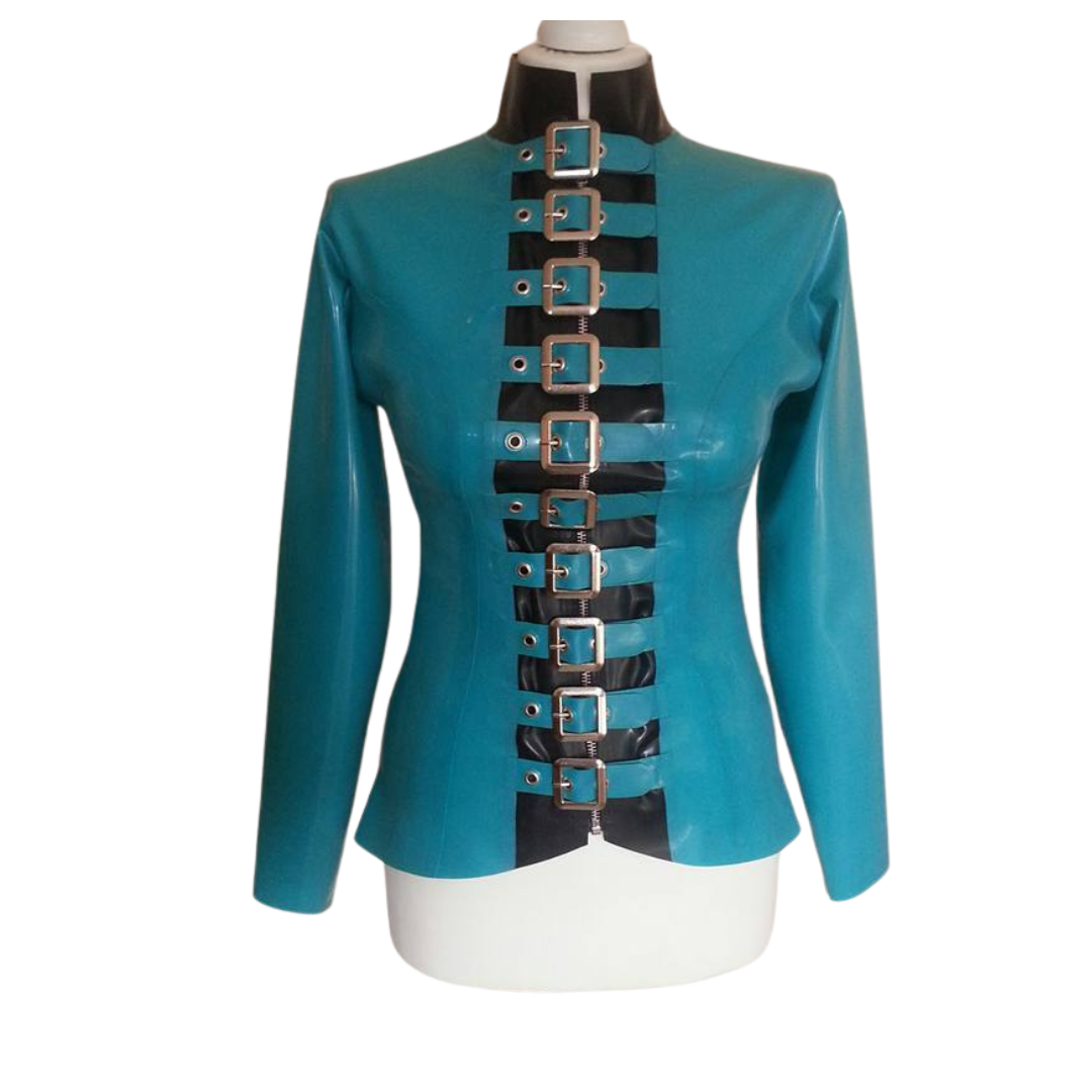 Aqua latex jacket with a black centre panel and mandarin collar. There are 8 straps with silver coloured buckle down the front.