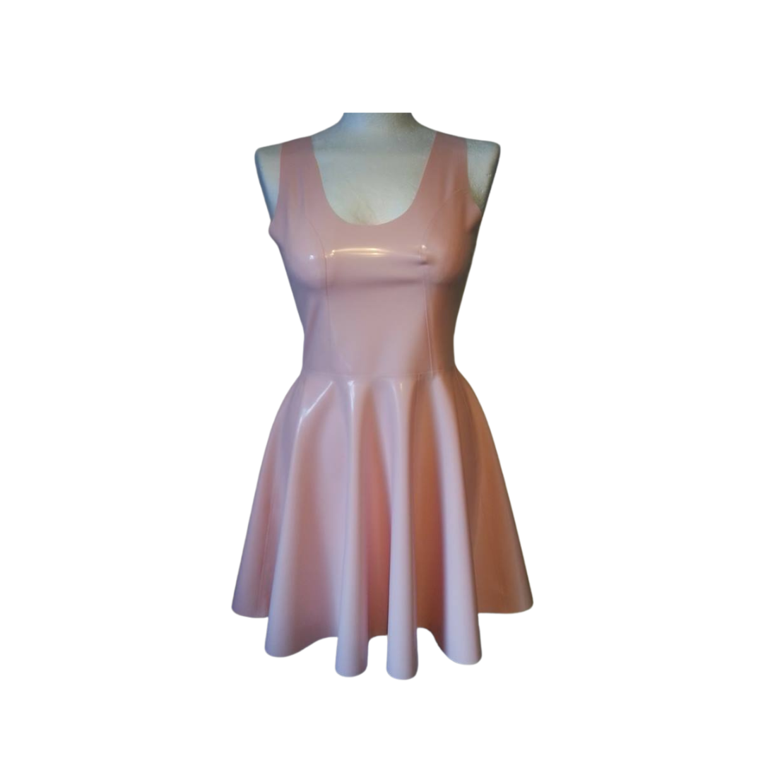 A baby pink sleeveless latex swing dress.