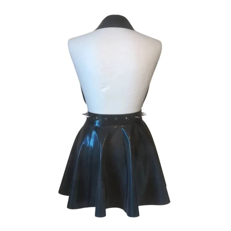 A black latex halter neck peplum dress with attached spiked belt.