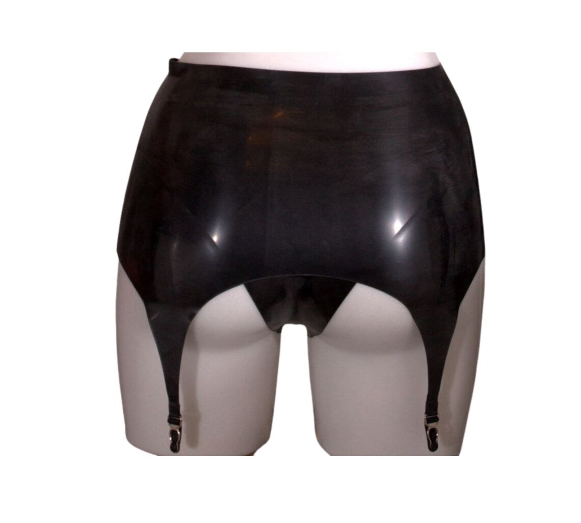 A black wide latex suspender belt with rubber suspender ends.