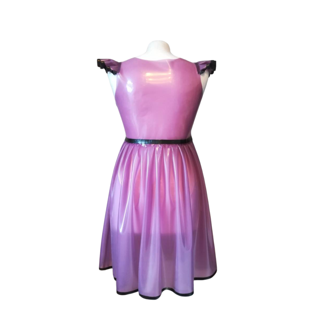 A translucent lilac latex nightie with frilled cap sleeves and black trim.
